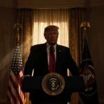 President Donald Trump standing at the Oval Office podium addressing a live audience with warm golden light spilling behind h
