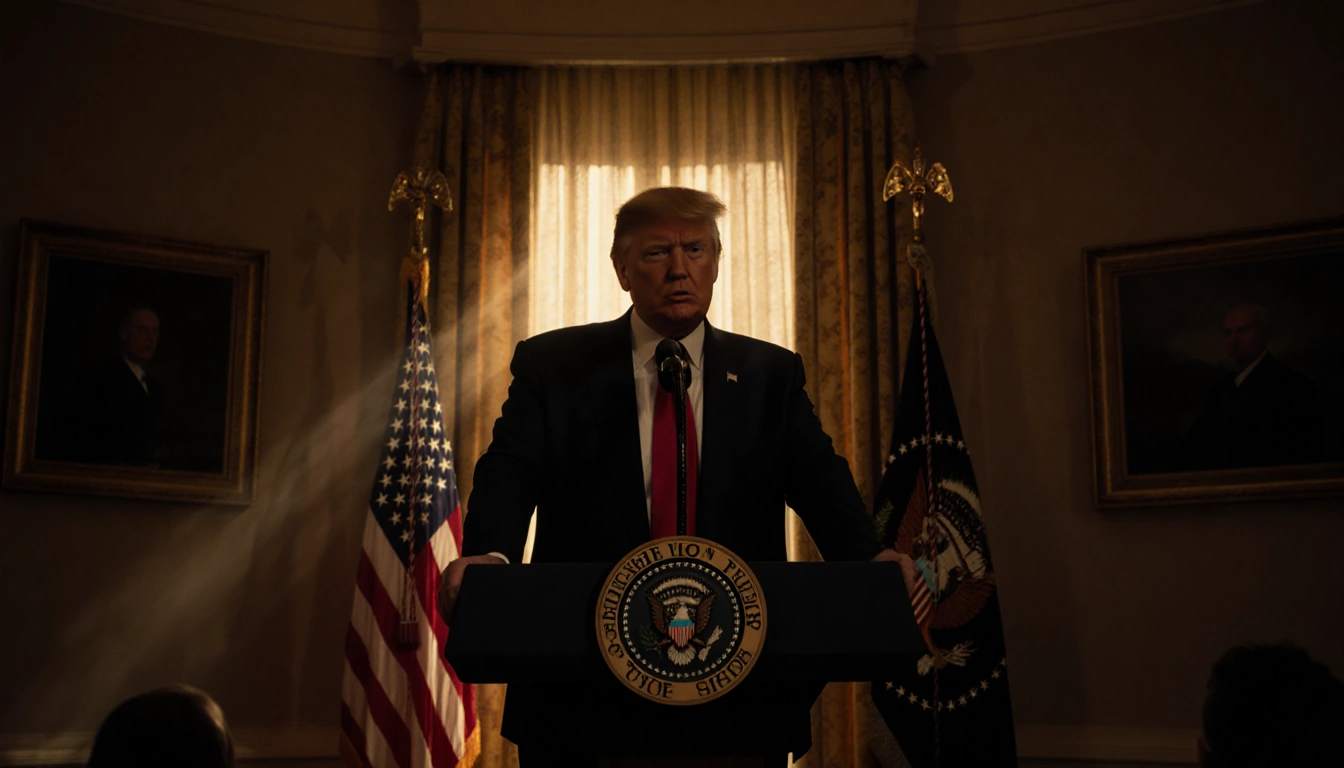 President Donald Trump standing at the Oval Office podium addressing a live audience with warm golden light spilling behind h