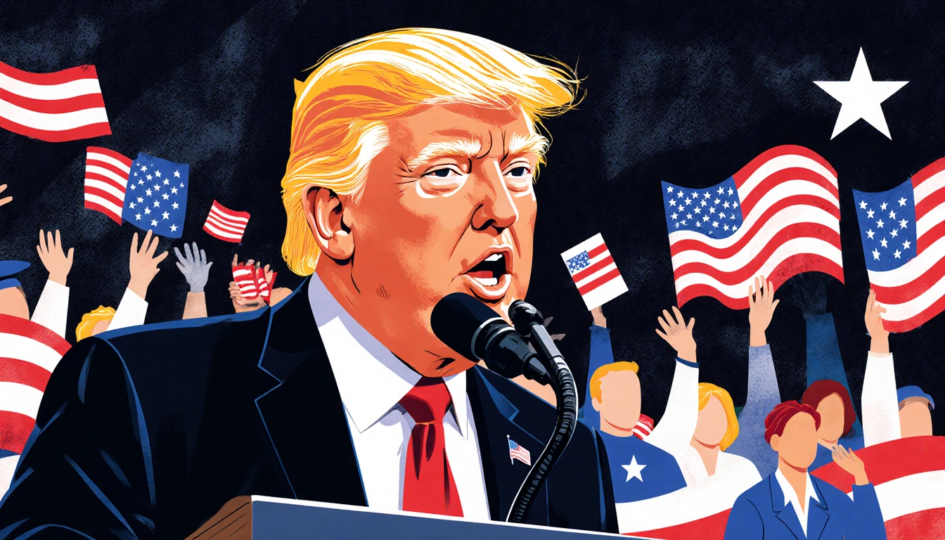 President speaking rapidly from a podium with vibrant patriotic campaign backdrop and dynamic lines.