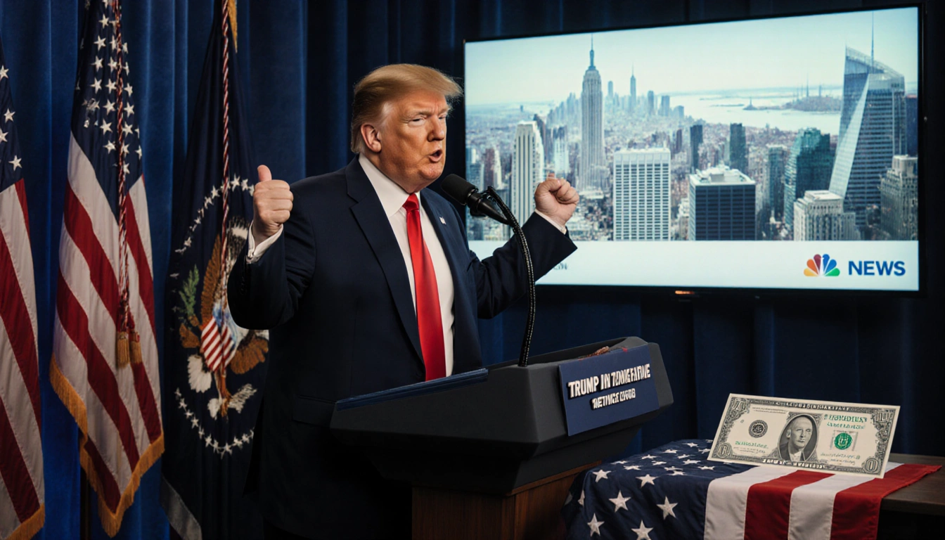 President Donald Trump stands at a podium with a $1,776 bonus check and an American flag in the background