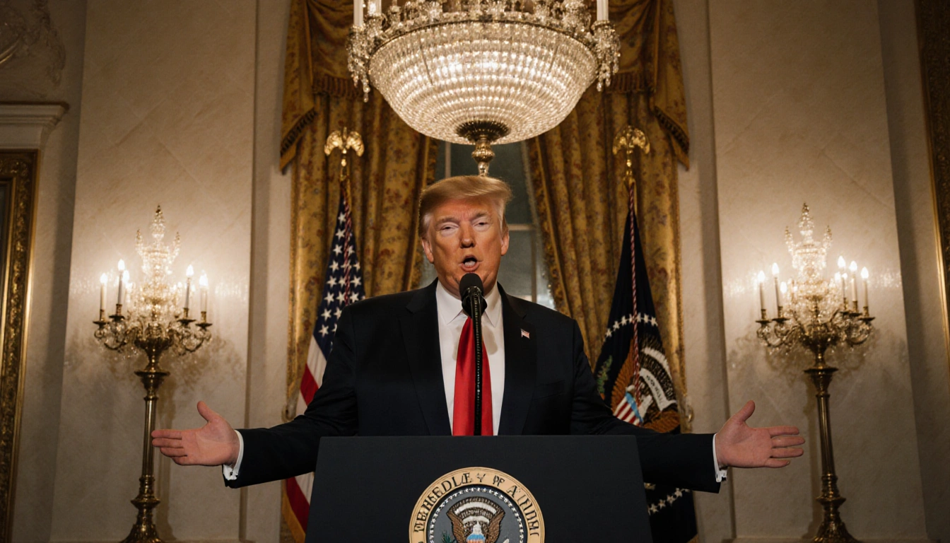 President Trump stands at the podium with light illuminating the Diplomatic Reception Room and an American flag pattern.