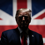 Donald Trump standing in front of a large American flag with low-angle light and a faded Union Jack in background