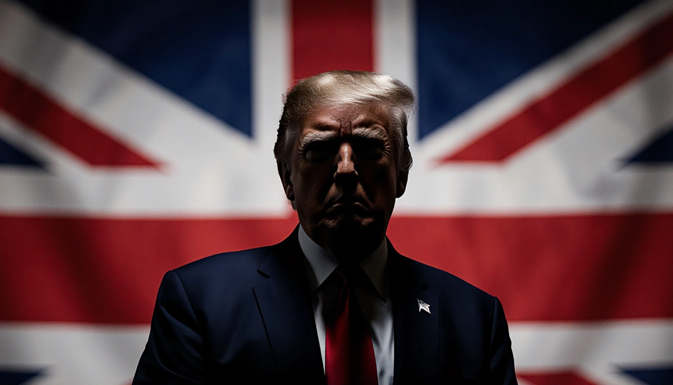 Donald Trump standing in front of a large American flag with low-angle light and a faded Union Jack in background