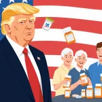 President Trump standing confidently with the American flag and smiling people holding prescription medication nearby
