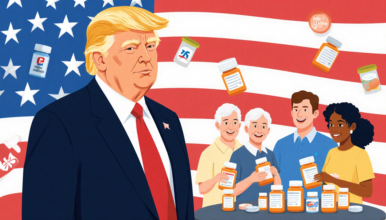 President Trump standing confidently with the American flag and smiling people holding prescription medication nearby