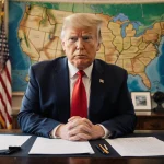 President Trump standing with a U.S. map behind and economic reports on a wooden desk under warm light