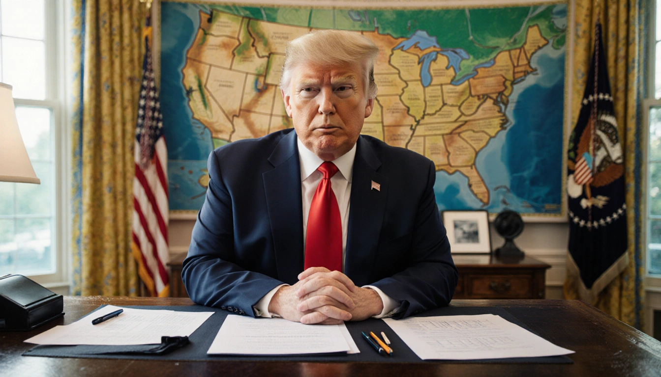 President Trump standing with a U.S. map behind and economic reports on a wooden desk under warm light