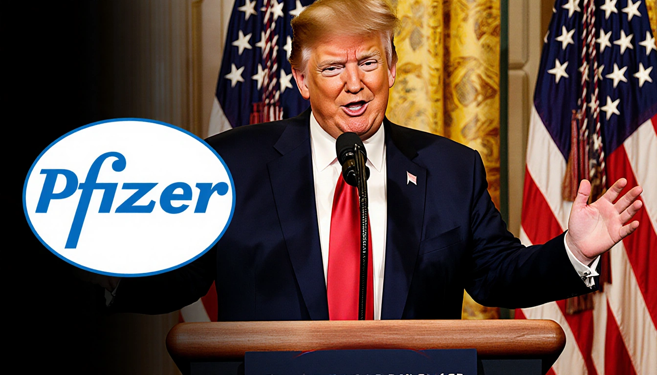 Trump speaking to a press conference with a podium and an American flag in the background and a Pfizer logo