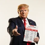 President Trump stands confidently with a red price chart showing housing and military costs and a hopeful golden glow.
