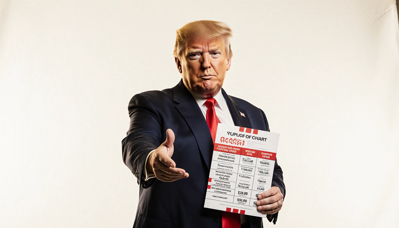 President Trump stands confidently with a red price chart showing housing and military costs and a hopeful golden glow.