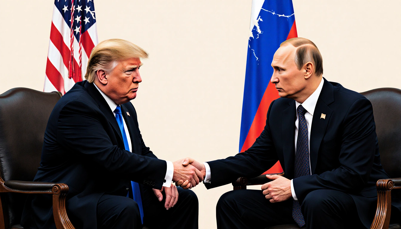 Donald Trump shaking hands with Vladimir Putin with frayed American and Russian flags in a tense diplomatic backdrop