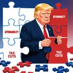 President Trump holding a puzzle piece with unfinished bill puzzle labeled affordability and tax cuts in blue‑red background