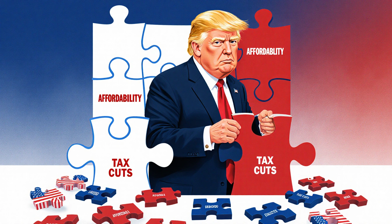 President Trump holding a puzzle piece with unfinished bill puzzle labeled affordability and tax cuts in blue‑red background