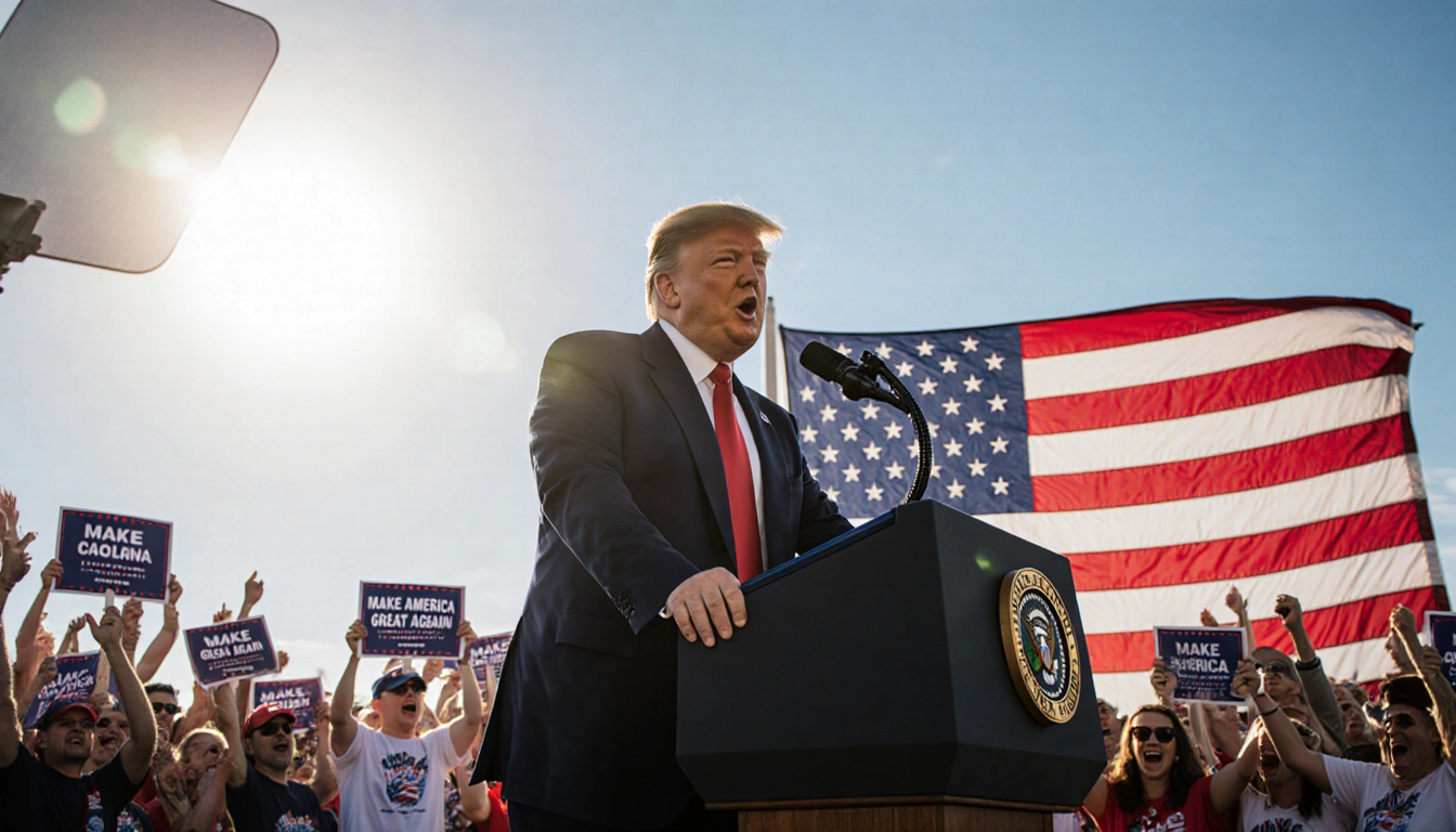 President Donald Trump speaking at podium with American flag and cheering crowd under blue sky