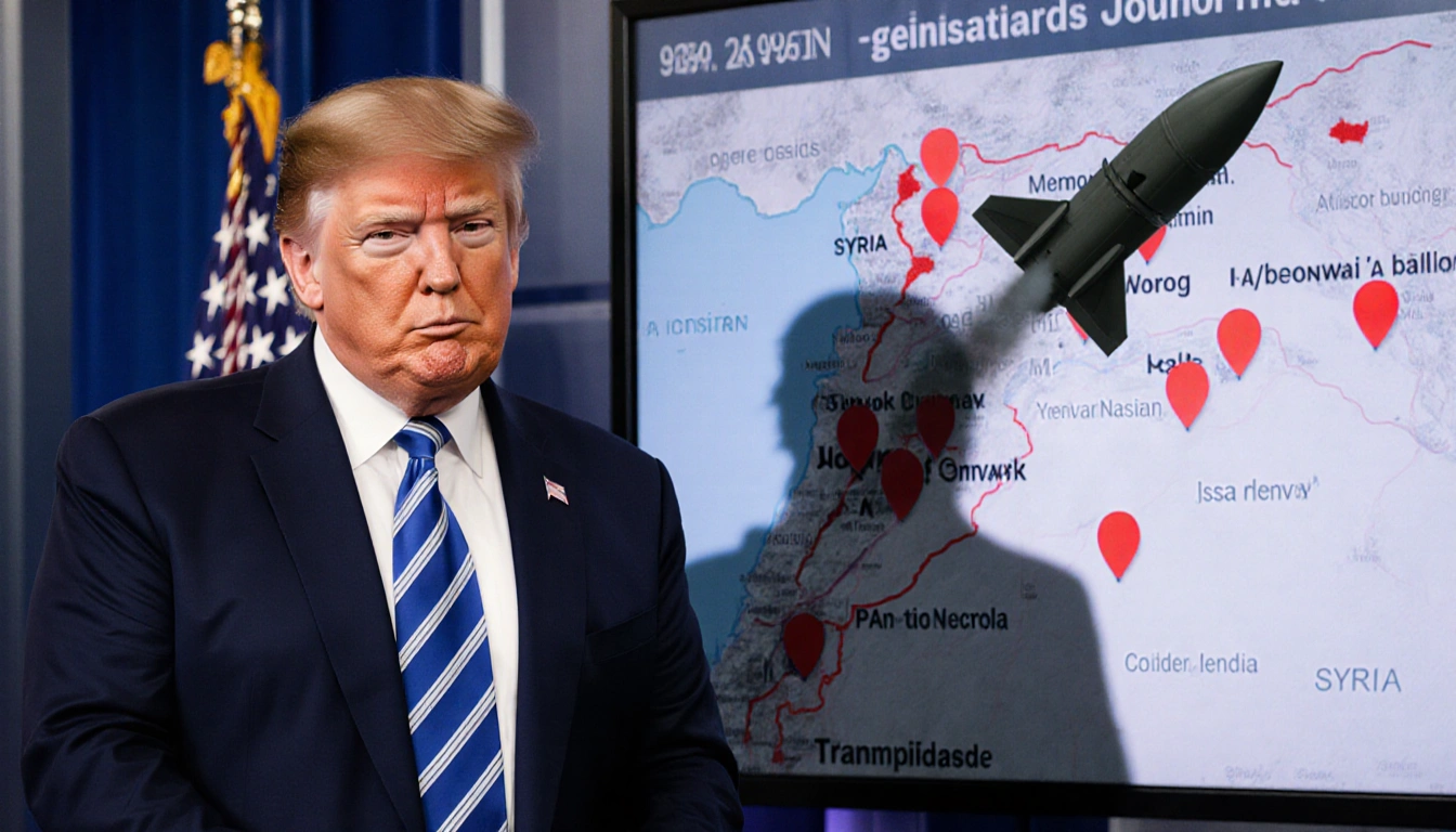 President Trump stands before a screen with footage and a missile shadow US flag behind Syria map marking ISIS zones.