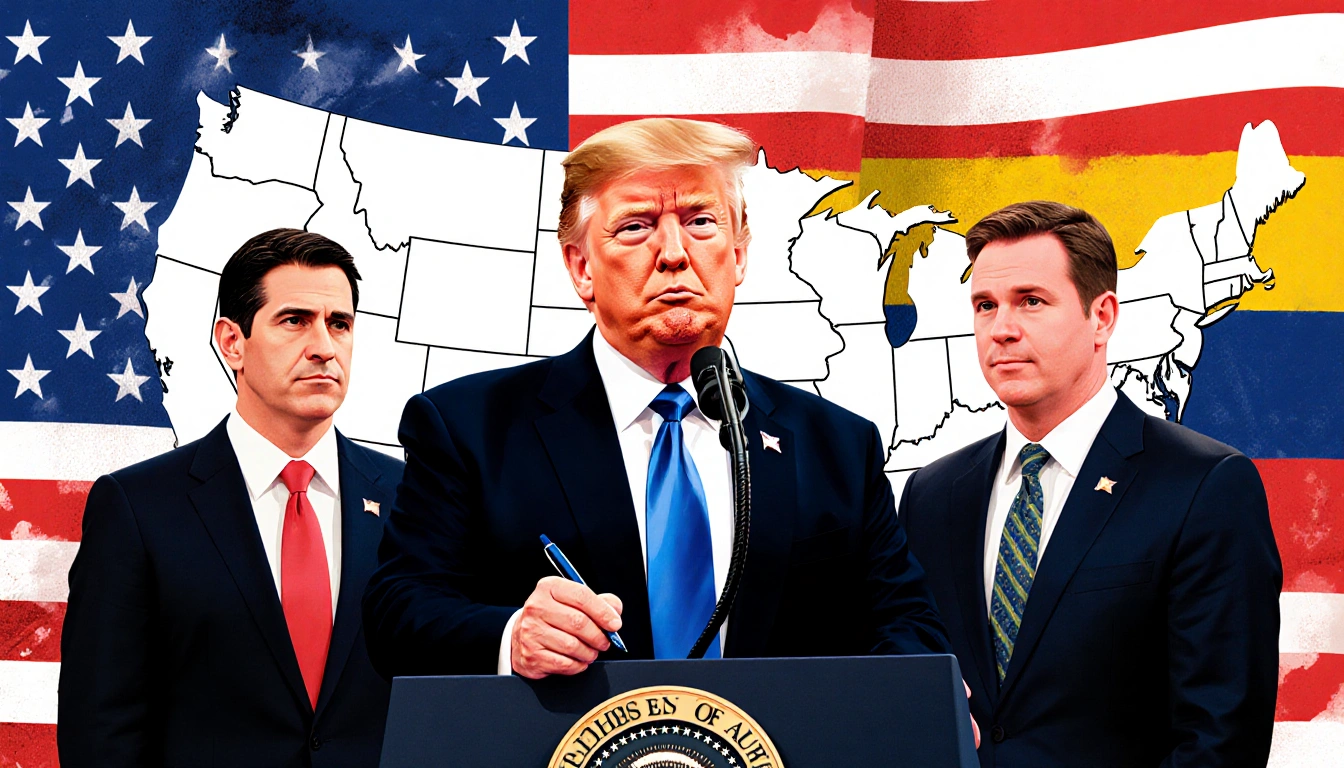 President Trump holding a pen stands beside Rubio and Hegseth with a large American flag behind