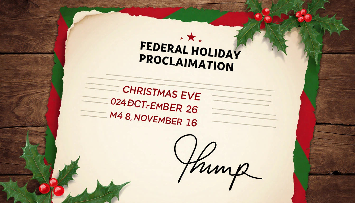 President Trump's signature appears on a proclamation with December 24 and 26 May 8 and November 11 holly leaves on parchment