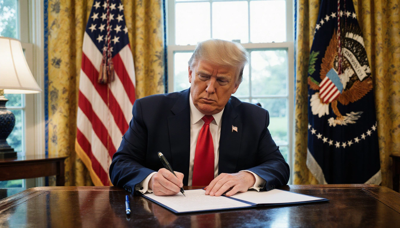 President Trump signs executive order with pen in hand and flag backdrop at White House