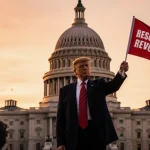 President Trump holding a red RECLASSIFICATION banner and his arm outstretched at sunset near a blurred Texas Capitol dome
