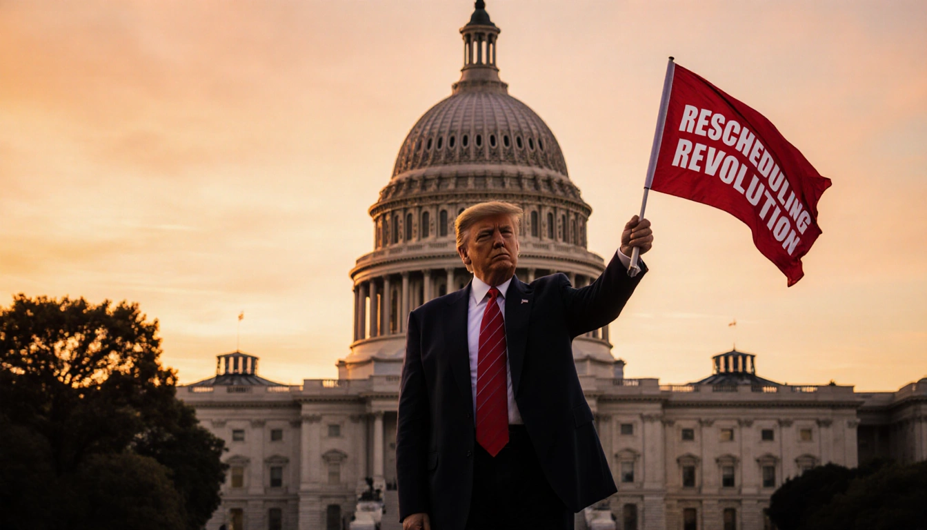 President Trump holding a red RECLASSIFICATION banner and his arm outstretched at sunset near a blurred Texas Capitol dome