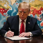 President Trump signing a proclamation with stern expression and right hand on paper near a world map showing red flags