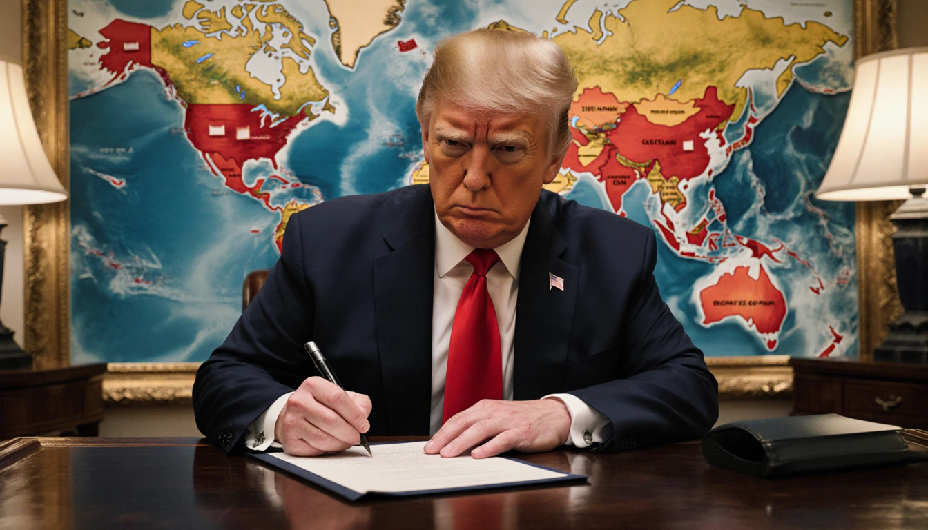 President Trump signing a proclamation with stern expression and right hand on paper near a world map showing red flags
