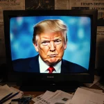 Donald Trump’s face appears on a TV screen with chaotic newsroom clutter and 2017 newspaper clippings behind