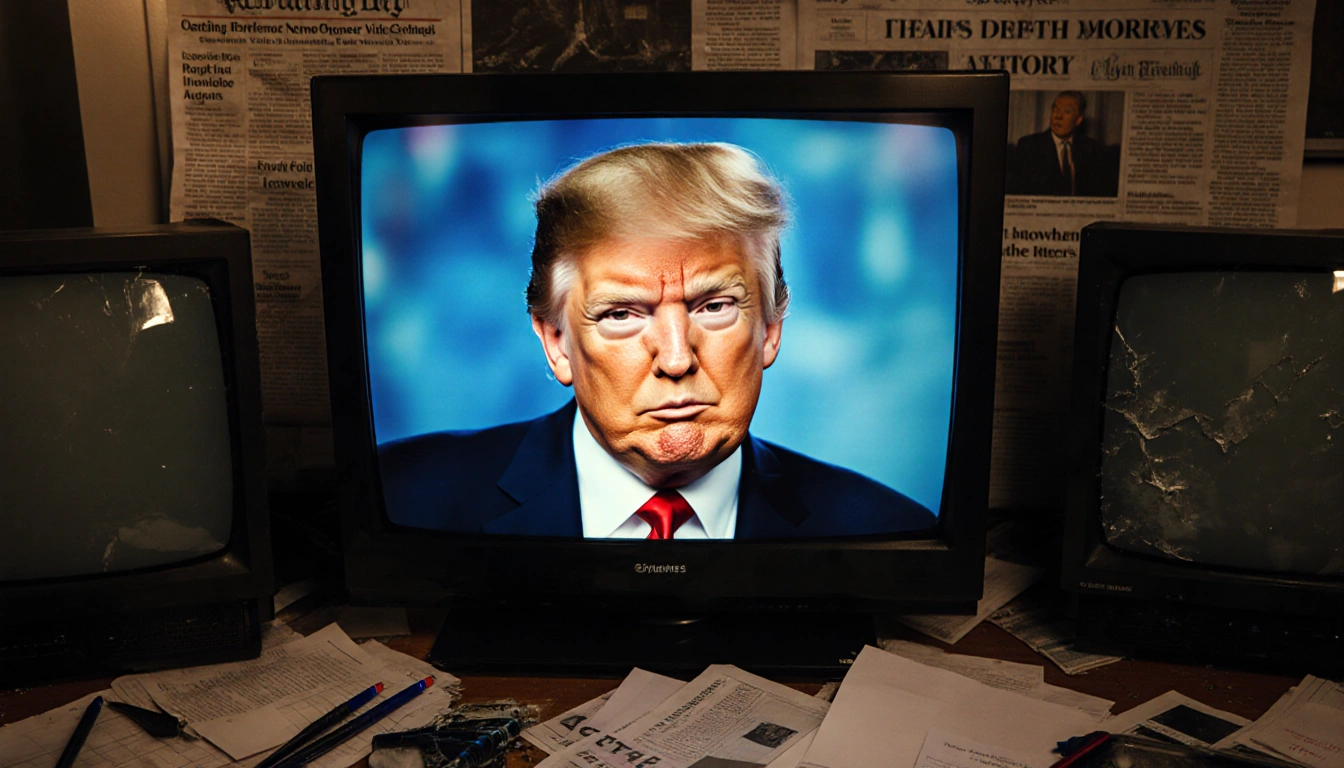 Donald Trump’s face appears on a TV screen with chaotic newsroom clutter and 2017 newspaper clippings behind