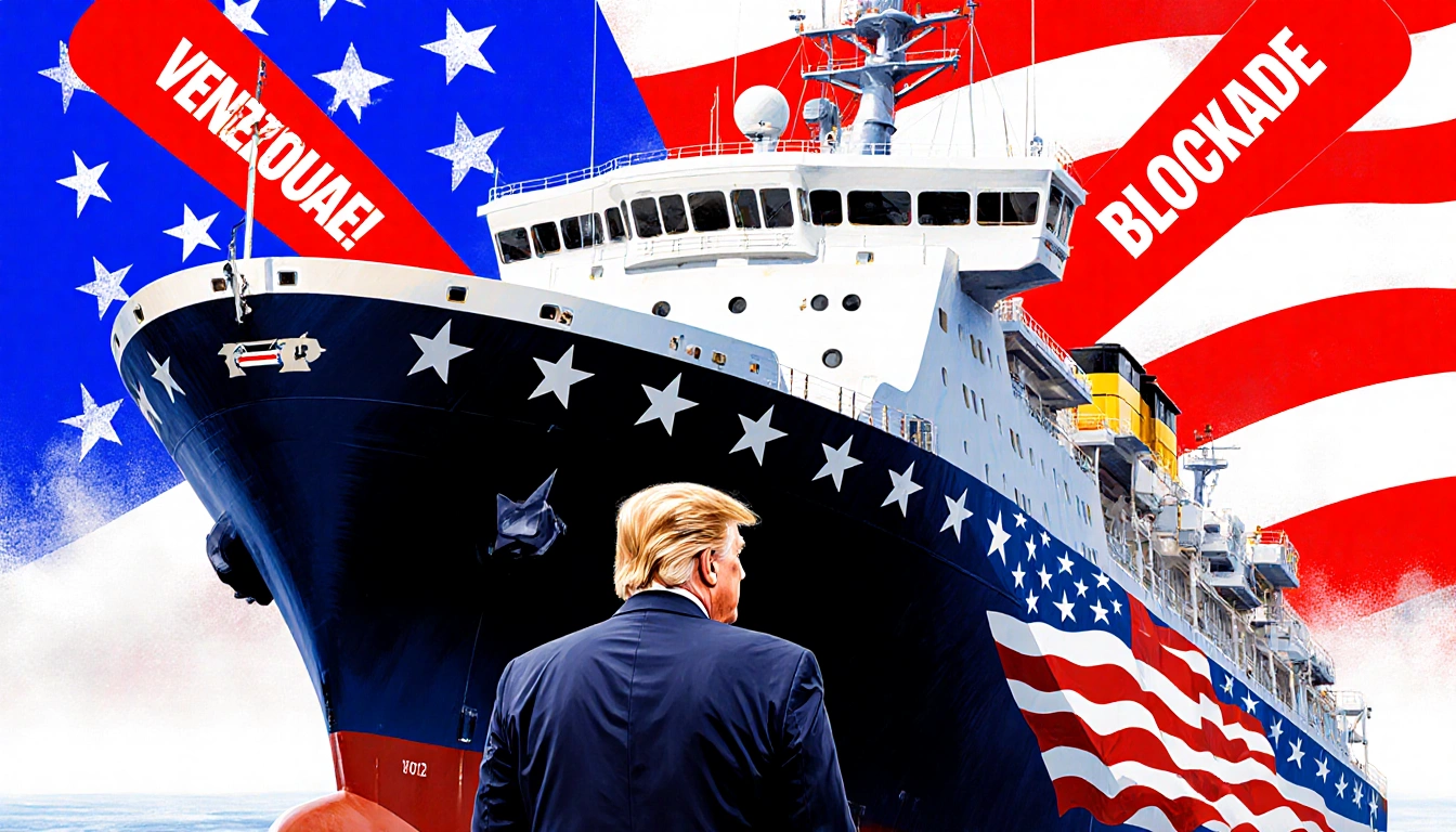 President Donald Trump stands beside ship with red stars and stripes and Blockade logo on its propellers near Venezuelan flag