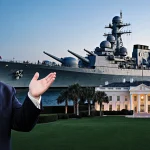 President Trump stands beside a gleaming warship with angular superstructure hand raised next to Mar‑a‑Lago entrance greenery