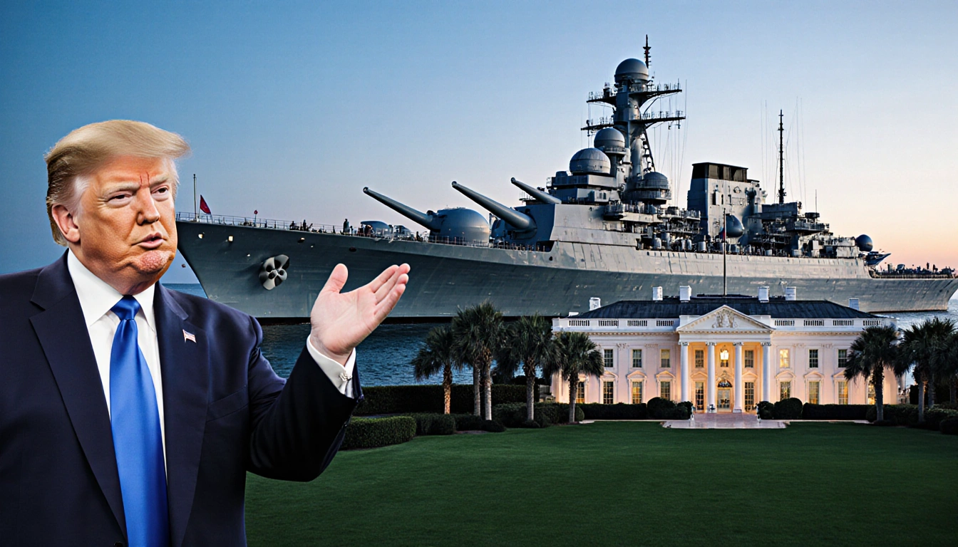 President Trump stands beside a gleaming warship with angular superstructure hand raised next to Mar‑a‑Lago entrance greenery