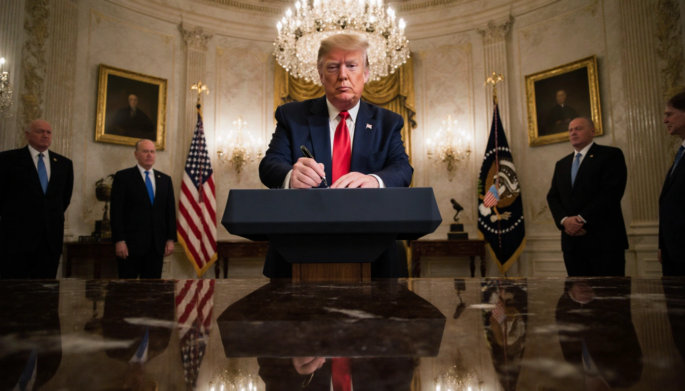 President Trump holds a pen near the White House podium with chandeliers and marble floors below and flag blurred behind