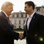 Donald Trump extending his hand to Volodymyr Zelenskyy with a diplomatic smile near lush greenery and golden light of peace