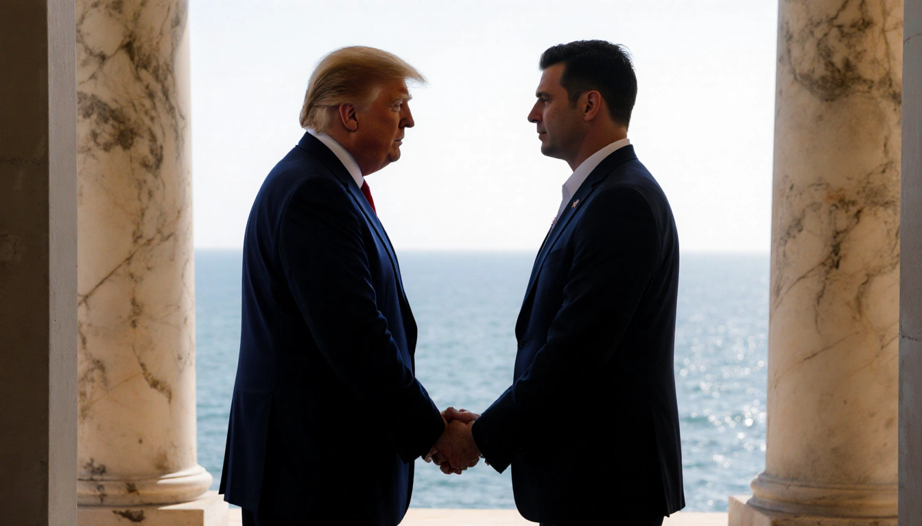 Trump and Zelenskyy clasp hands at Mar-a-Lago entrance with warm lighting and ocean backdrop.