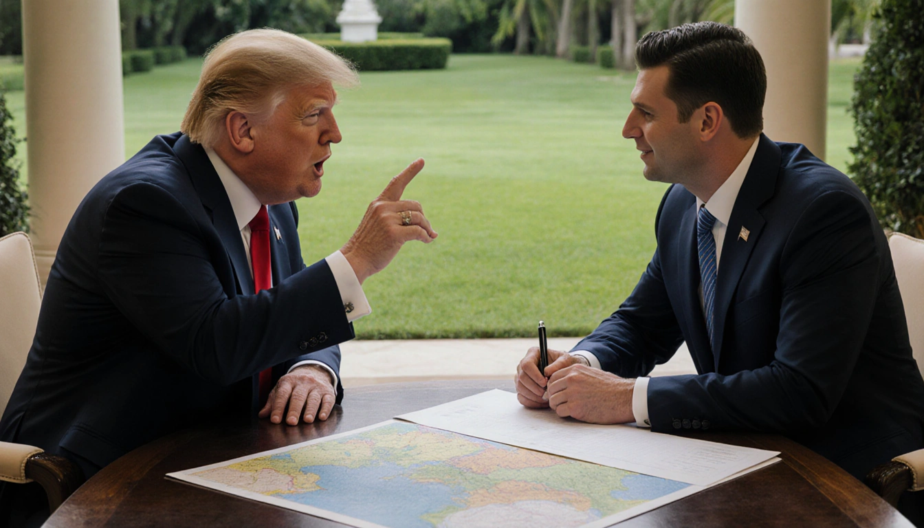 Trump gesturing enthusiastically while Zelenskyy nods with a pen over a map in Mar-a-Lago garden.