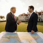 Trump gesturing toward Florida horizon with Zelenskyy looking at map and Mar‑a‑Lago facade behind.