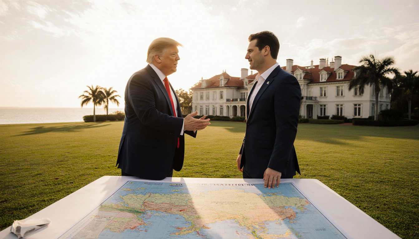 Trump gesturing toward Florida horizon with Zelenskyy looking at map and Mar‑a‑Lago facade behind.
