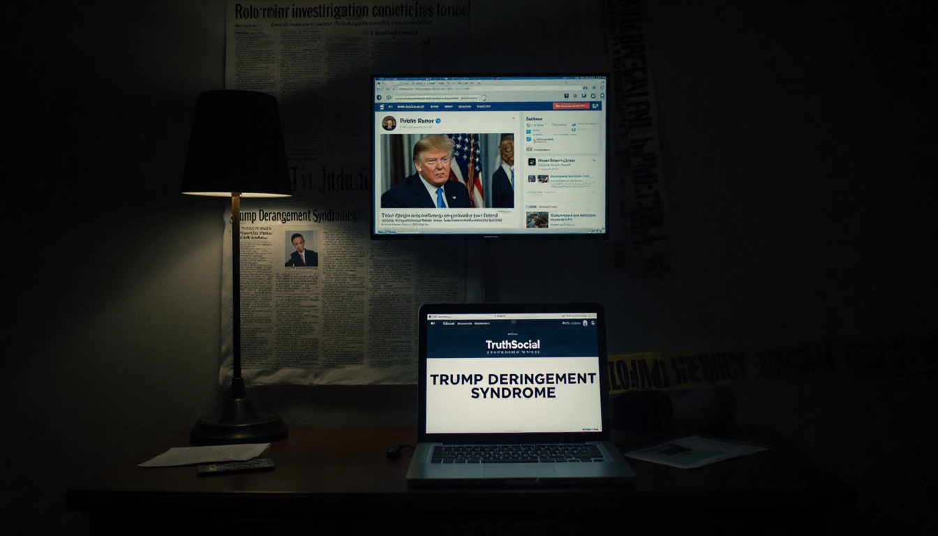 Laptop screen shows Trump post with 'Trump derangement syndrome' and Rob Reiner clipping; Obama condolence image behind.