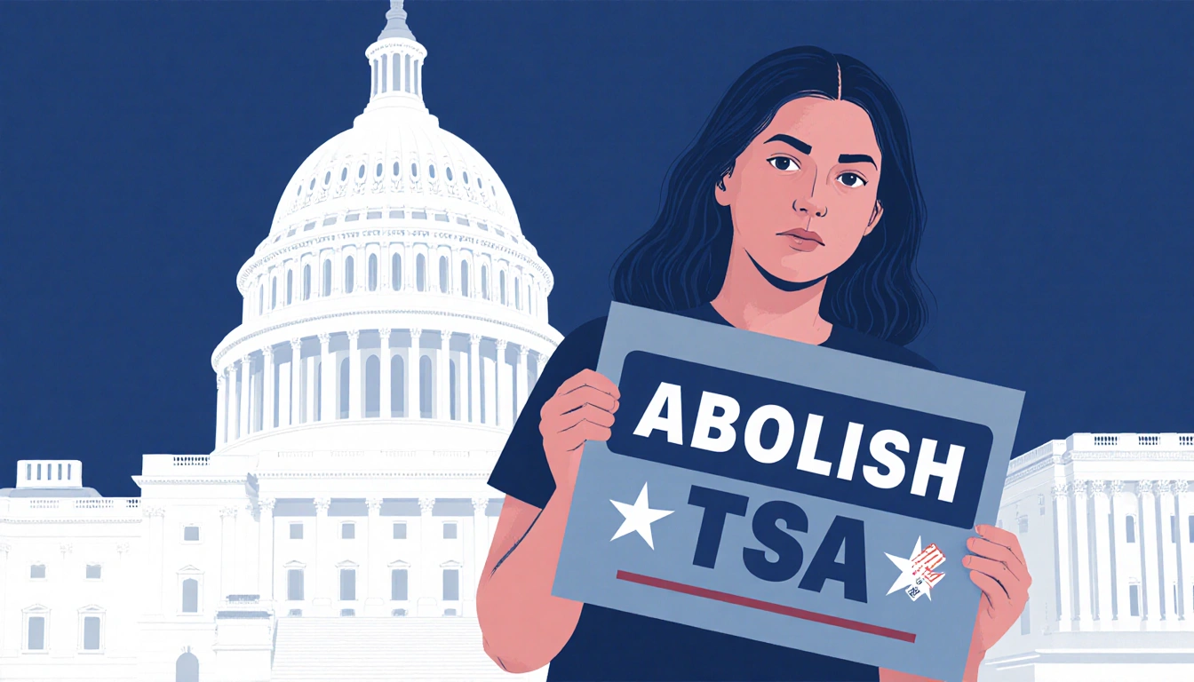 Activist holding anti-TSA sign with determined look near blurred Capitol Dome and faint TSA logos in background