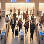 Travelers rush through TSA security lanes with scanners and warm golden lighting
