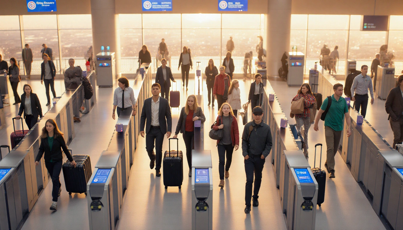 Travelers rush through TSA security lanes with scanners and warm golden lighting