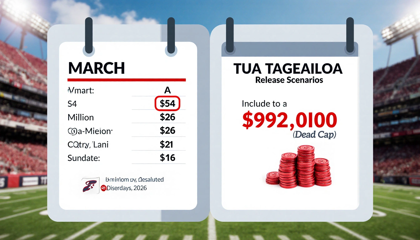 Calendar pages with March deadline, $54M salary, $99.2M cap, red ink money, stadium background.