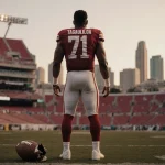 Quarterback Tua Tagovailoa standing looking up with torn football at his feet against a blurred Miami skyline