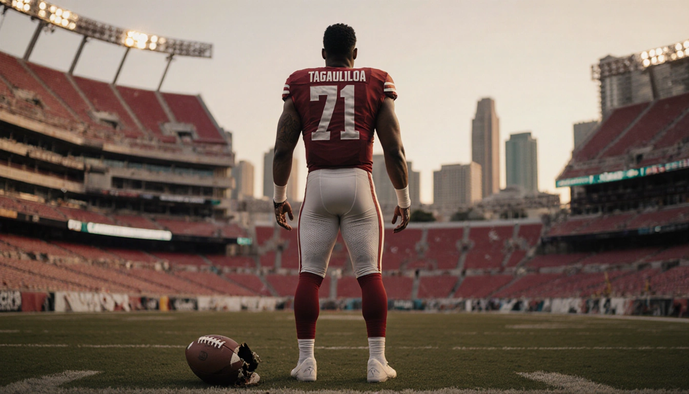 Quarterback Tua Tagovailoa standing looking up with torn football at his feet against a blurred Miami skyline