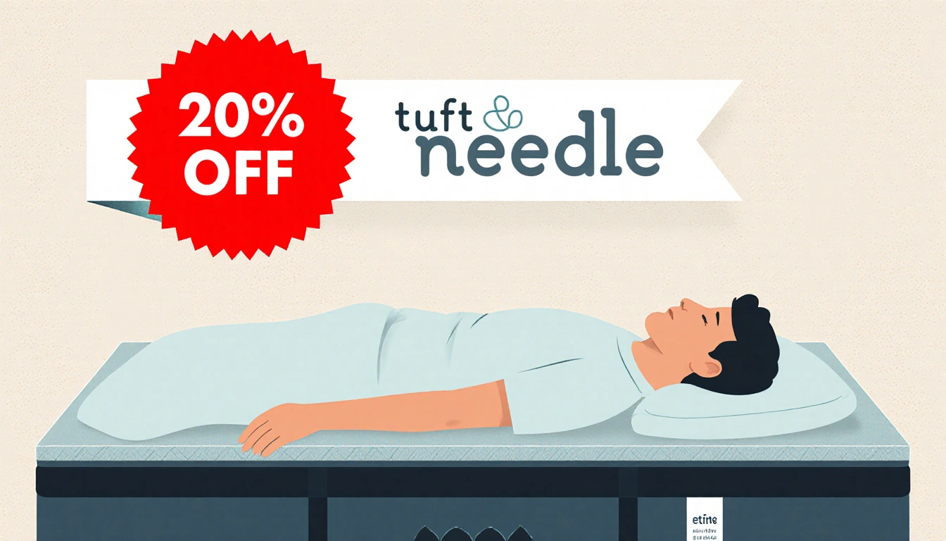 Person lounging on a Tuft & Needle mattress with a 20% Off banner and bedroom texture background