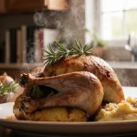 Turkey breast sits on roasted potato with rosemary and sweet potatoes under warm natural light.