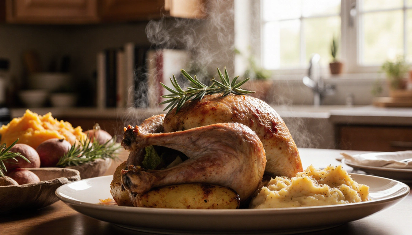 Turkey breast sits on roasted potato with rosemary and sweet potatoes under warm natural light.