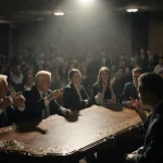 Attendees argue around ornate table with harsh spotlight and deep shadows in a tense AmericaFest conference room