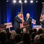 Ben Shapiro and Tucker Carlson arguing with microphones at AmericaFest with American flags around a crowded audience.
