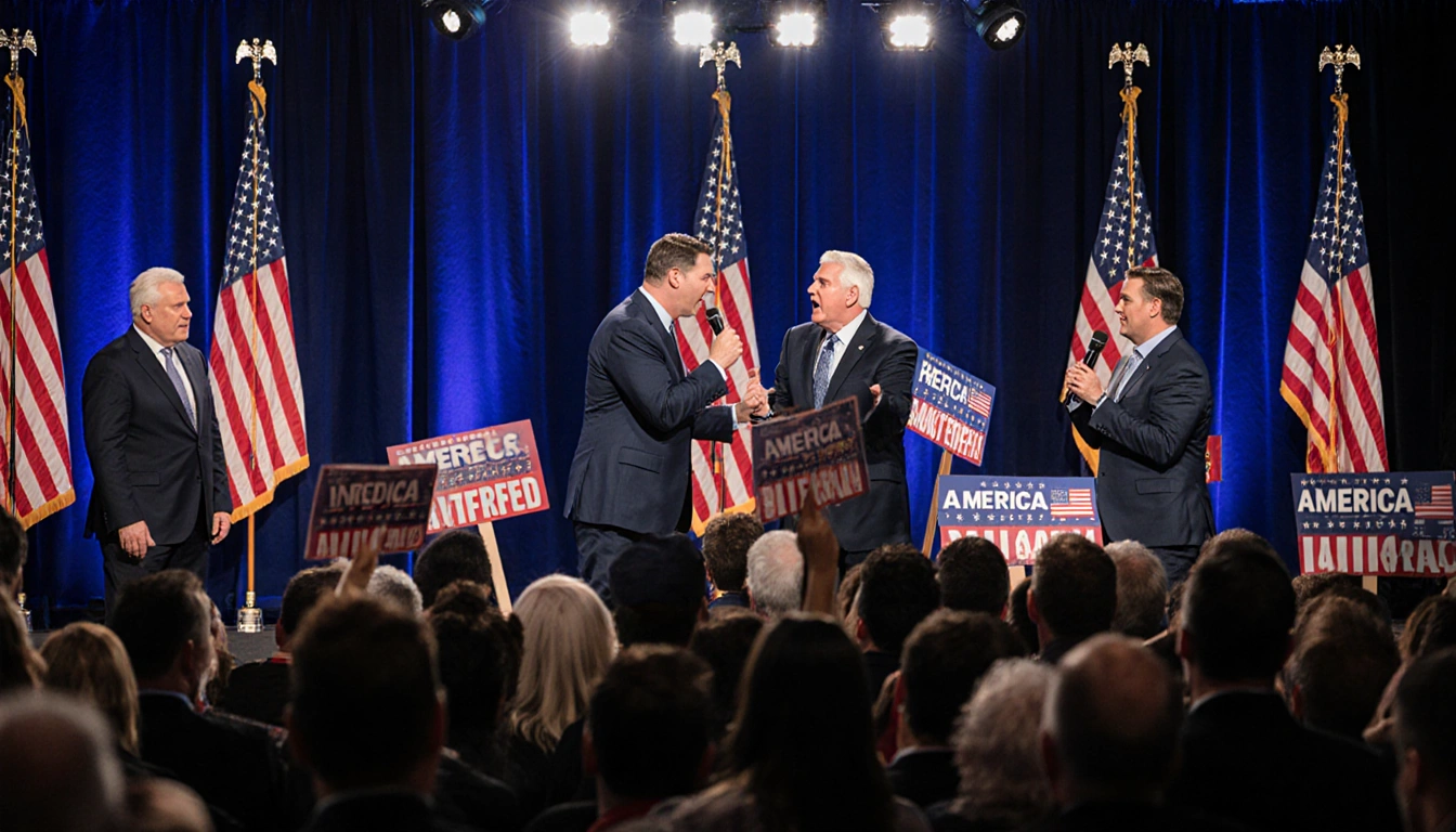 Ben Shapiro and Tucker Carlson arguing with microphones at AmericaFest with American flags around a crowded audience.